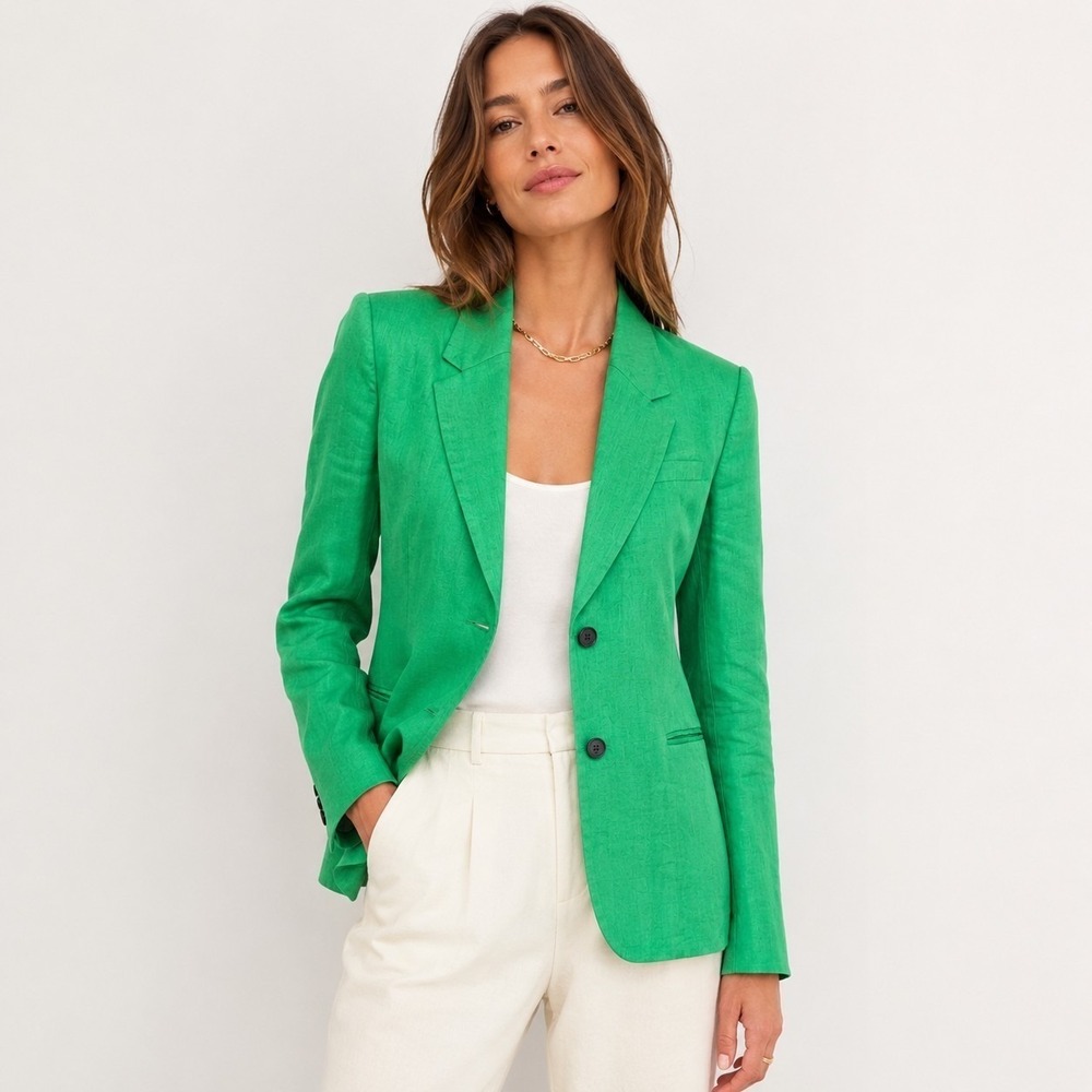 FRAME The Femme Blazer Size 2 Linen Blend Green Tailored Jacket Lined NWT Flaws